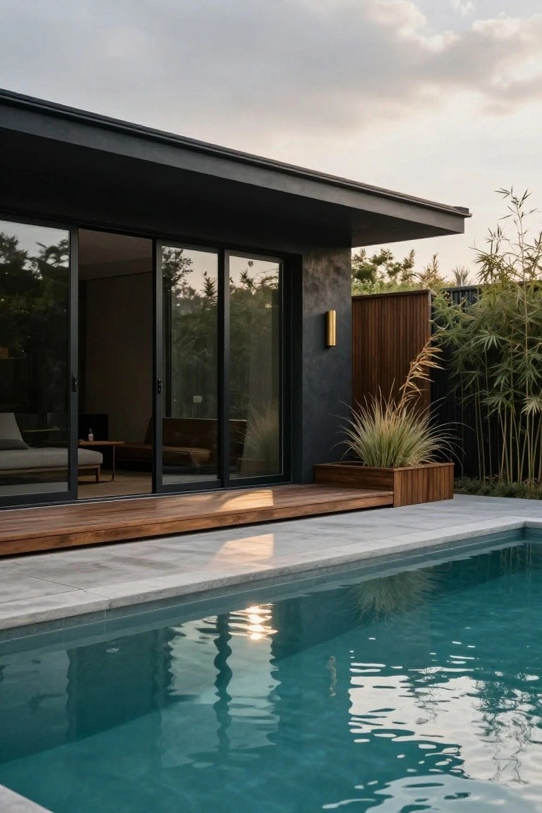 Dark modern house exterior with textured black walls, large black-framed sliding glass doors, wooden deck platform, planter with tall grasses, and rectangular pool edged in stone pavers, bamboo plants nearby under partly cloudy sky.