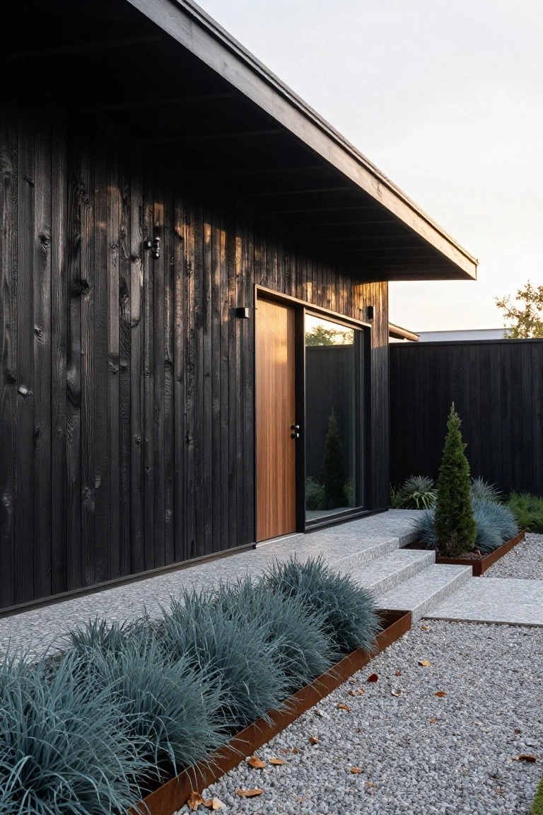 Side exterior of a modern house with dark vertical wood cladding, a light wooden entry door with glass sidelight, concrete steps, gravel path edged in metal, blue ornamental grasses, and a small conifer tree.