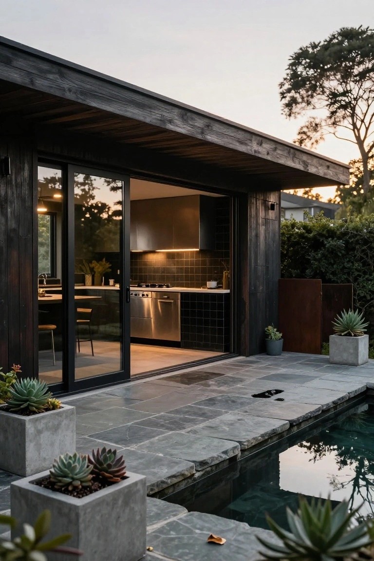 Dark wood-clad pavilion structure with large open sliding glass doors showing a modern kitchen inside, next to a stone-tiled patio edging a swimming pool, potted succulents in concrete planters, greenery, and trees at dusk.