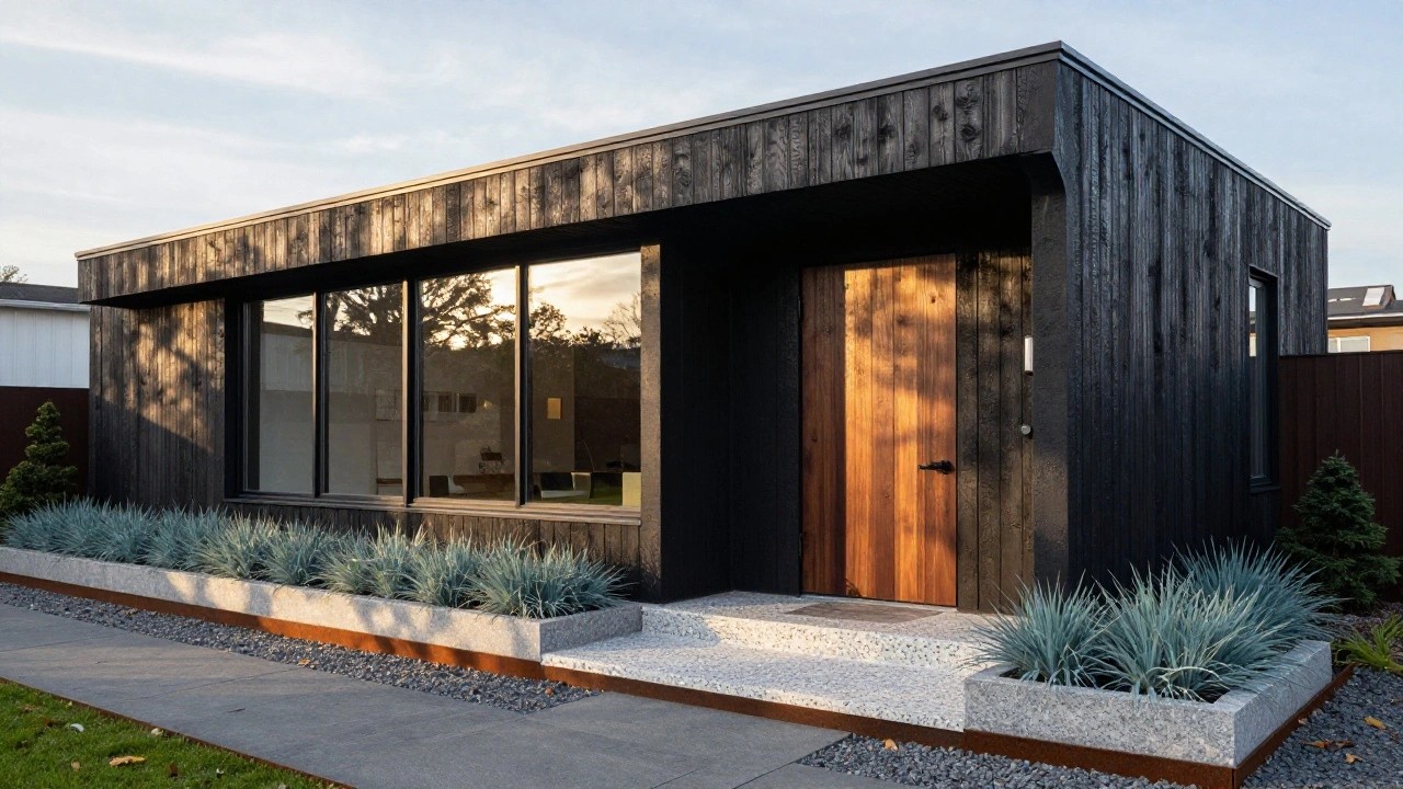 Side exterior of a modern house with dark vertical wood cladding, a light wooden entry door with glass sidelight, concrete steps, gravel path edged in metal, blue ornamental grasses, and a small conifer tree.