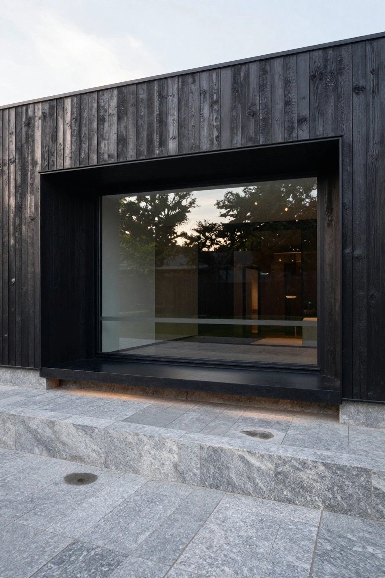 Exterior of a modern house with vertical black-stained wood cladding, a large recessed black-framed window showing a glimpse of interior lawn and trees, and light gray granite steps below.