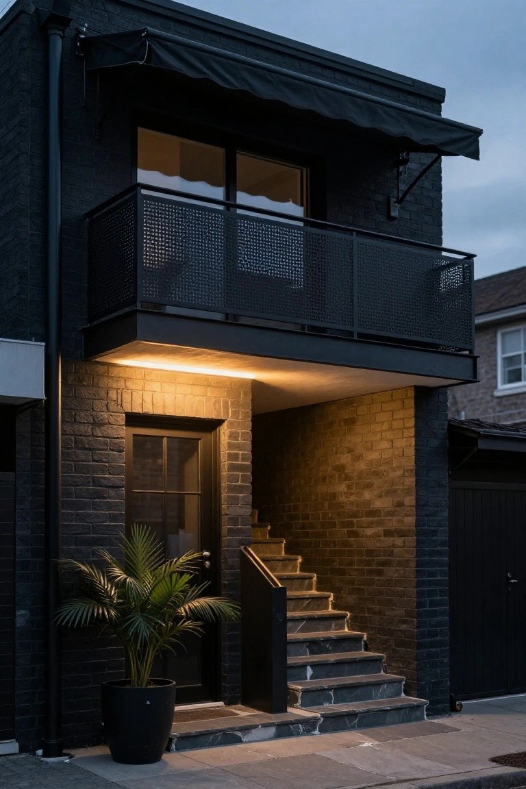 Two-story dark brick house exterior at dusk featuring a black metal balcony upstairs, warm strip lighting under a black awning above entry stairs, black front door, potted palm plant beside the stairs, and black garage door to the side.