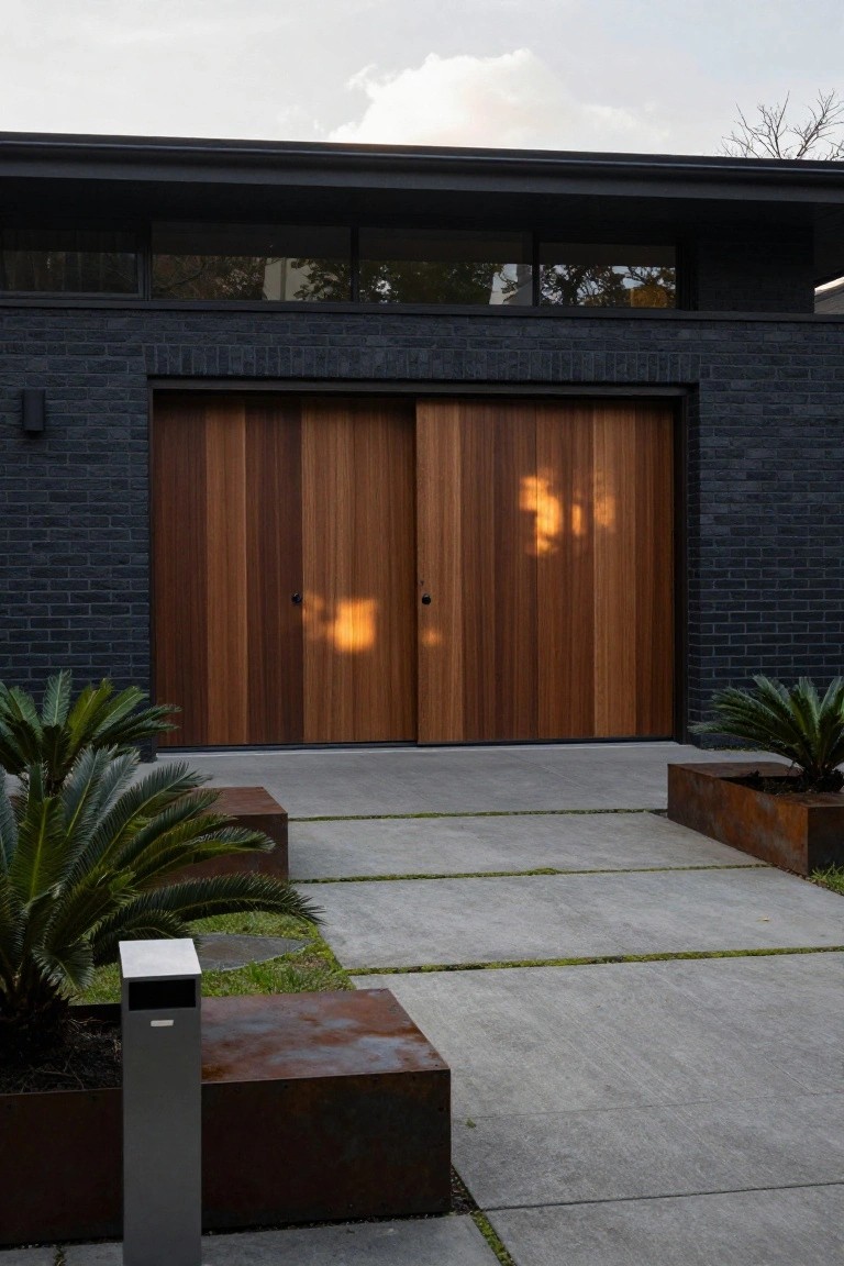 Contemporary house exterior with dark brick walls, large sliding wooden garage doors, concrete pathway, rust-finished metal planters, and potted palm plants.