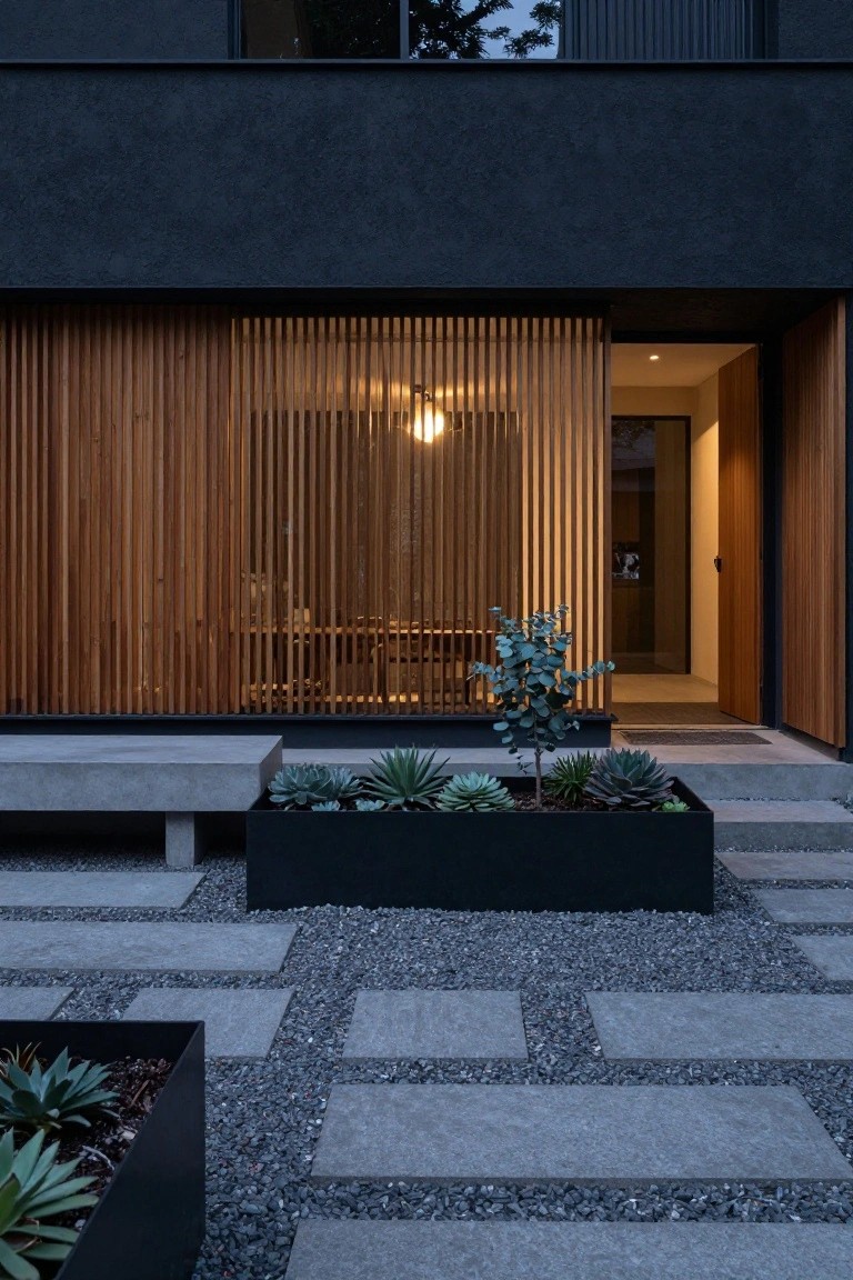 Dark stucco house exterior featuring a vertical wood slat screen over the entry door and windows, a concrete bench, black planters with succulents and agave, an eucalyptus tree, and a gravel pathway with concrete pavers.