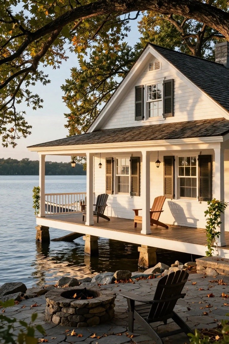 White clapboard cottage house elevated on pilings above a lake, with a covered porch, Adirondack chairs, dock, stone fire pit, and surrounding autumn trees and rocks.