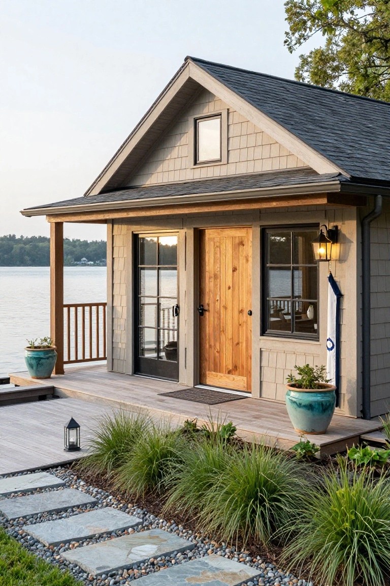 Gray shingle-sided cottage with wooden entry door, glass sidelight window, covered porch, deck overlooking lake, potted plants, and stone path with grasses.