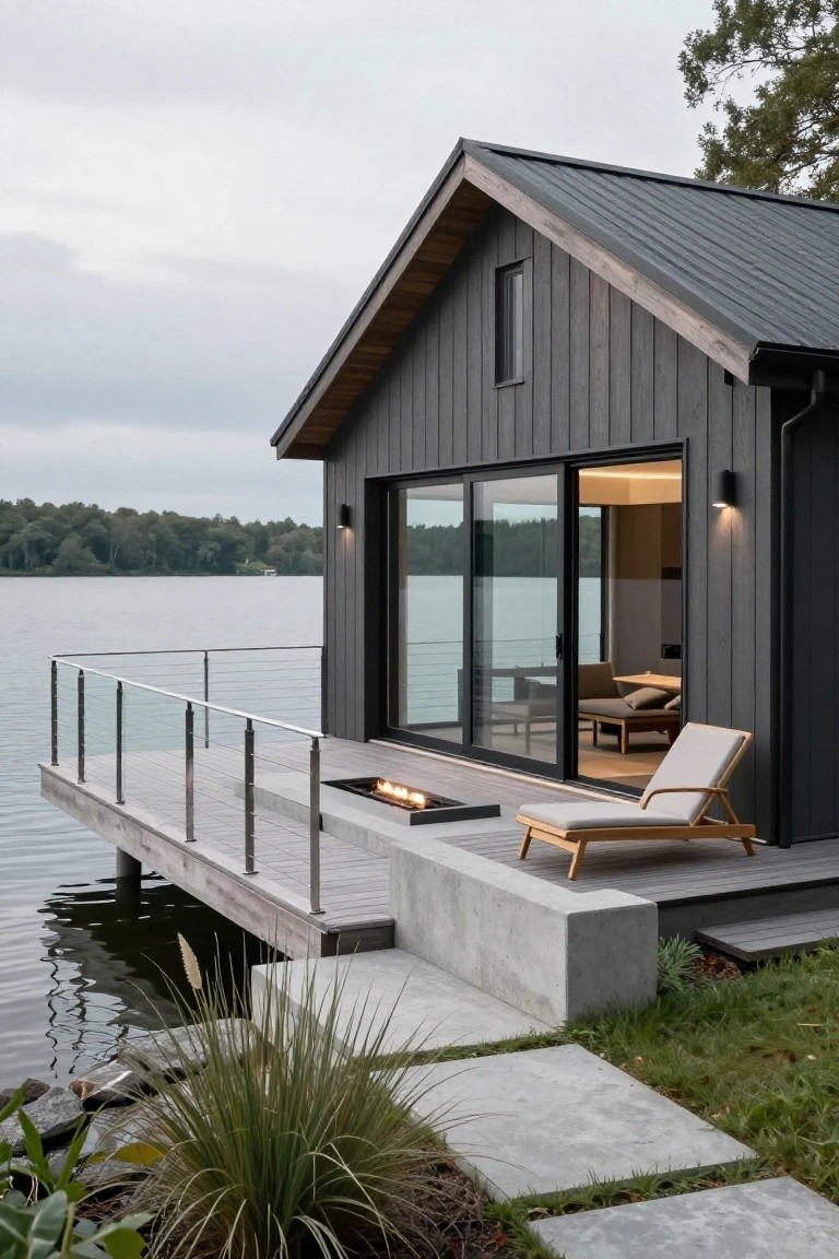 Modern gabled cabin with dark vertical wood siding on a dock over a lake, large glass sliding doors open to a deck with linear fire pit, cable railings, lounge chair, and concrete platform edged by grasses.