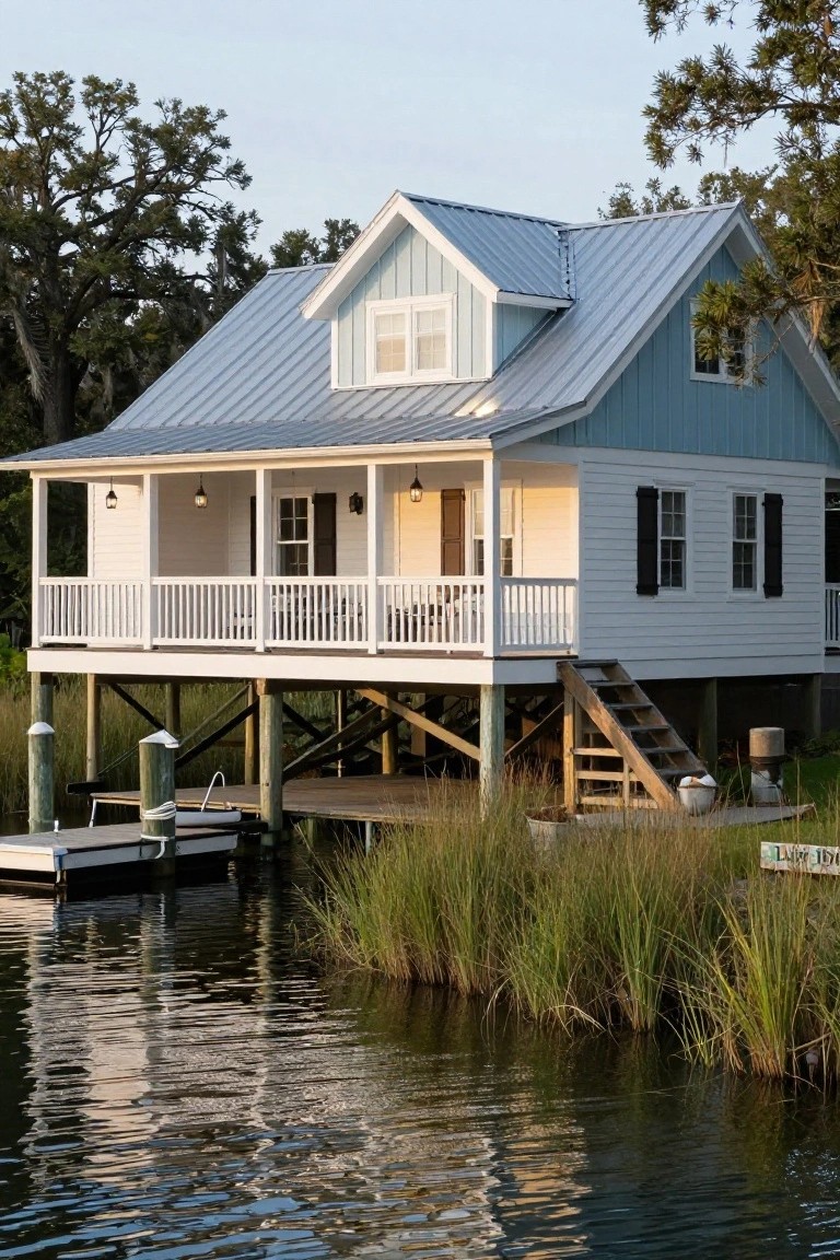 A light blue board-and-batten house elevated on wooden pilings above a calm lake, with white wraparound porch, metal roof, lanterns, shutters, stairs, dock, and surrounding marsh grass.