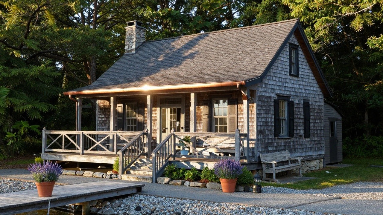 Shingled wooden cottage with covered front porch supported by timber posts, stone chimney, potted plants on porch and steps, gravel path, and surrounding trees and shrubs.