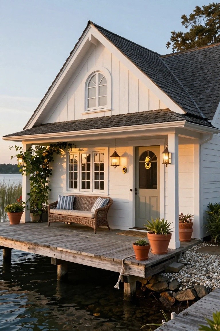 Cozy white lakeside cottage with porch, wicker bench, and potted plants.