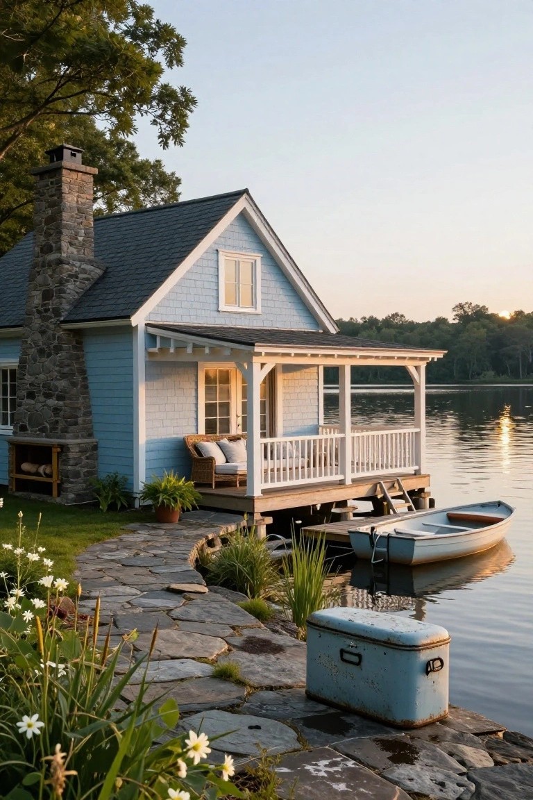 Light blue shingle cottage with covered porch and deck extending over lake on wooden piers, stone chimney, dock with rowboat, stone path, and plants in foreground.