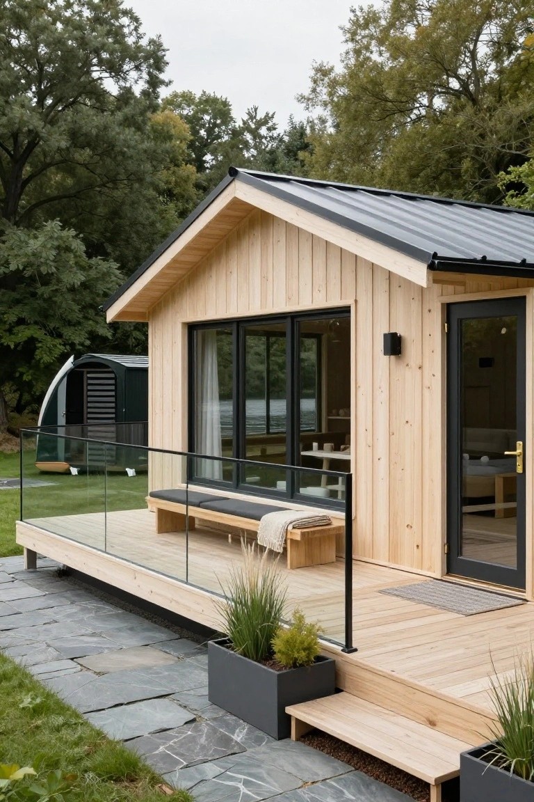 Small gabled cabin with light blond vertical wood siding, black metal roof, large black-framed sliding glass windows, black front door, elevated wooden deck with glass railings and bench, potted plants, stone path, grass, and trees near a lake.