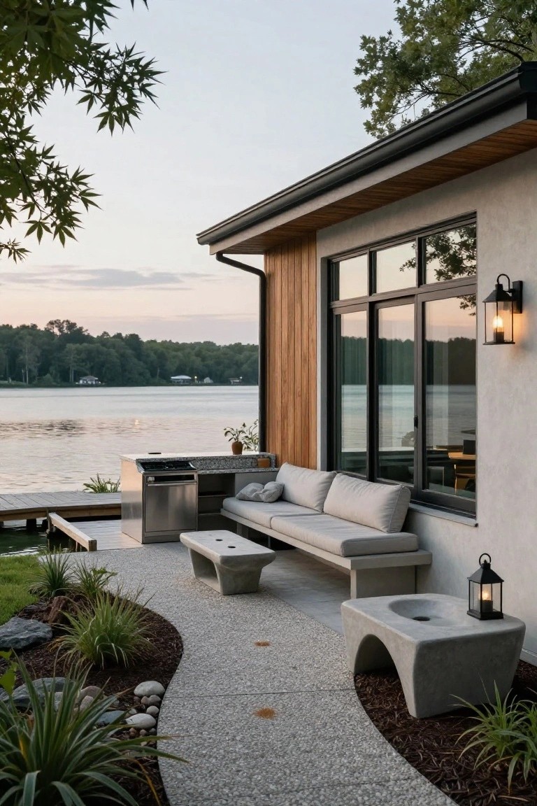 Modern lake house with stucco and wood siding, large sliding glass windows overlooking a lake, built-in outdoor kitchen counter with grill and sink, gray sofa, concrete benches and table, pebble path through landscaping, and wooden dock in the water at dusk.