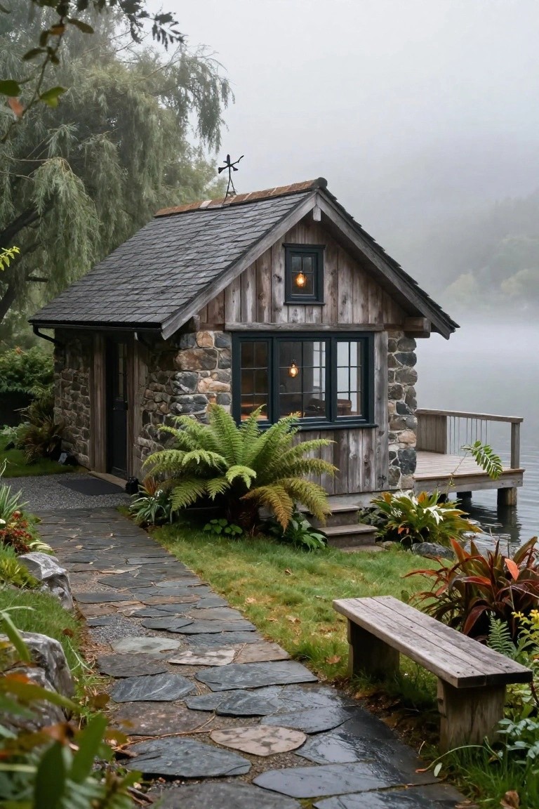Small cabin with stone lower walls and wooden upper siding and roof next to a misty lake, featuring a front door, lit windows, wooden dock, stone path, bench, and surrounding ferns and plants.