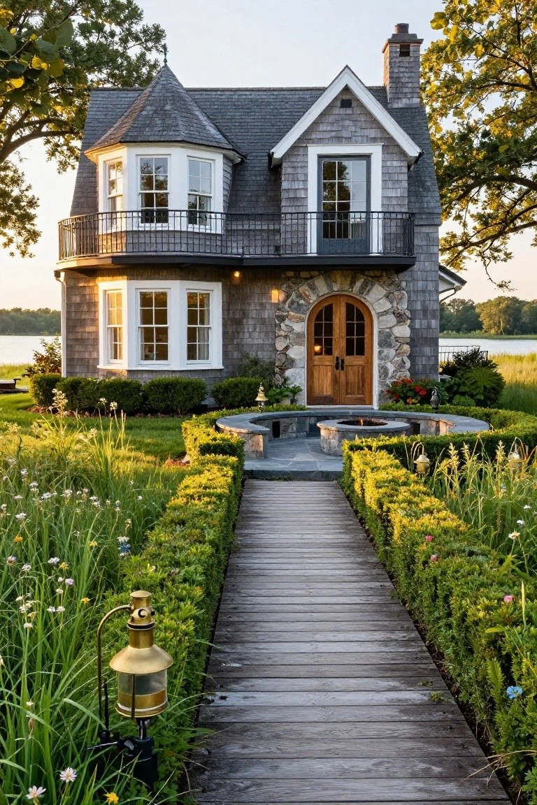Gray shingle-clad cottage with peaked turret, black metal balcony, white-trimmed windows, arched wooden double door in stone surround, circular stone fire pit seating area, wooden boardwalk path lined with boxwood hedges, gardens, trees, and lake in background at golden hour.
