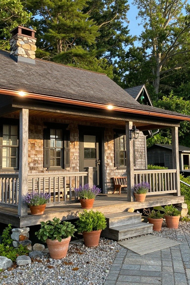 Shingled wooden cottage with covered front porch supported by timber posts, stone chimney, potted plants on porch and steps, gravel path, and surrounding trees and shrubs.