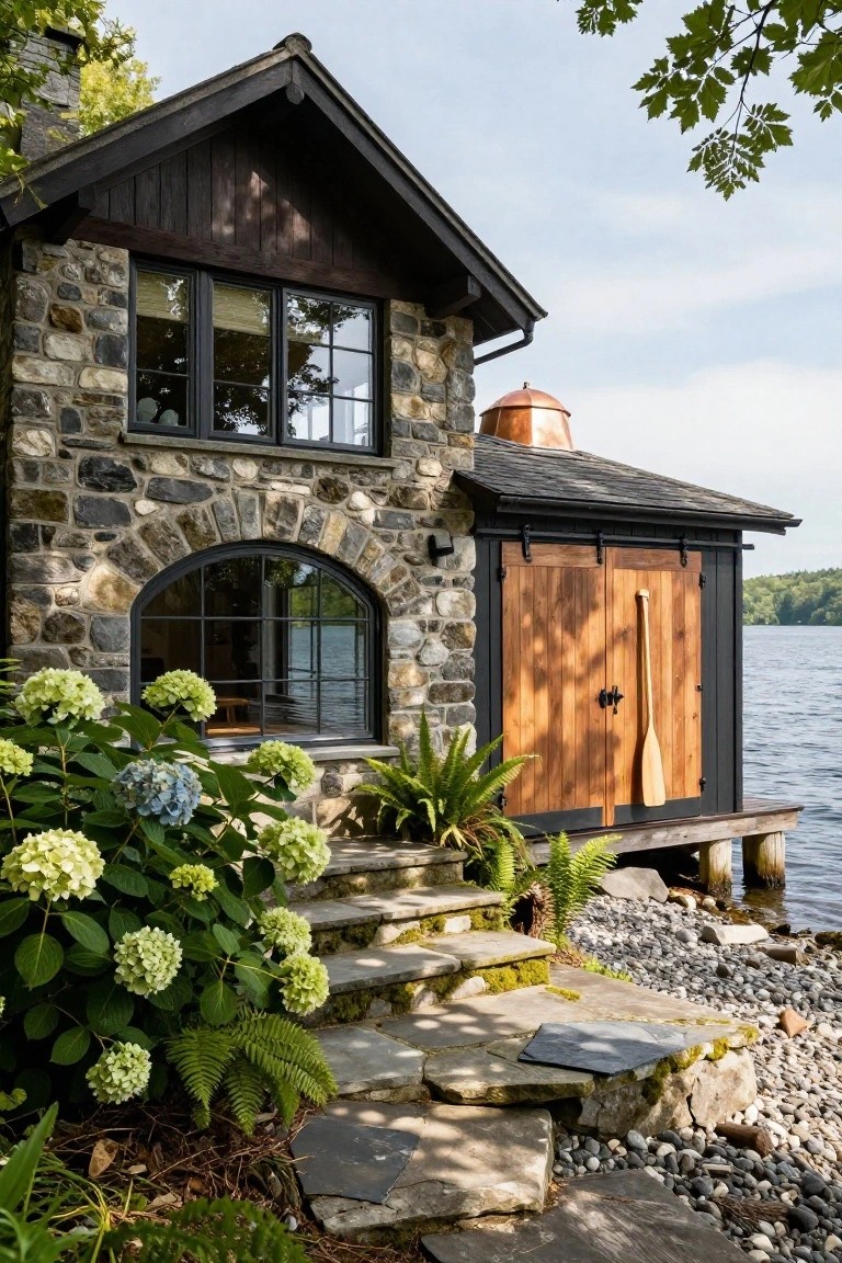 Fieldstone and dark wood lake house exterior with arched window, copper finial, wooden boathouse doors with oar, hydrangea plantings, stone steps, and dock by the water.