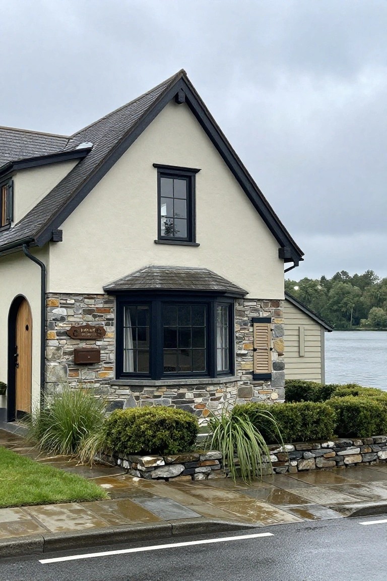 Beige plaster lake house exterior with dark trim and black-framed windows, textured stone base and accents, arched wooden entry door, bay window with shutters, shrubs, and low stone wall beside a road near water under overcast skies.