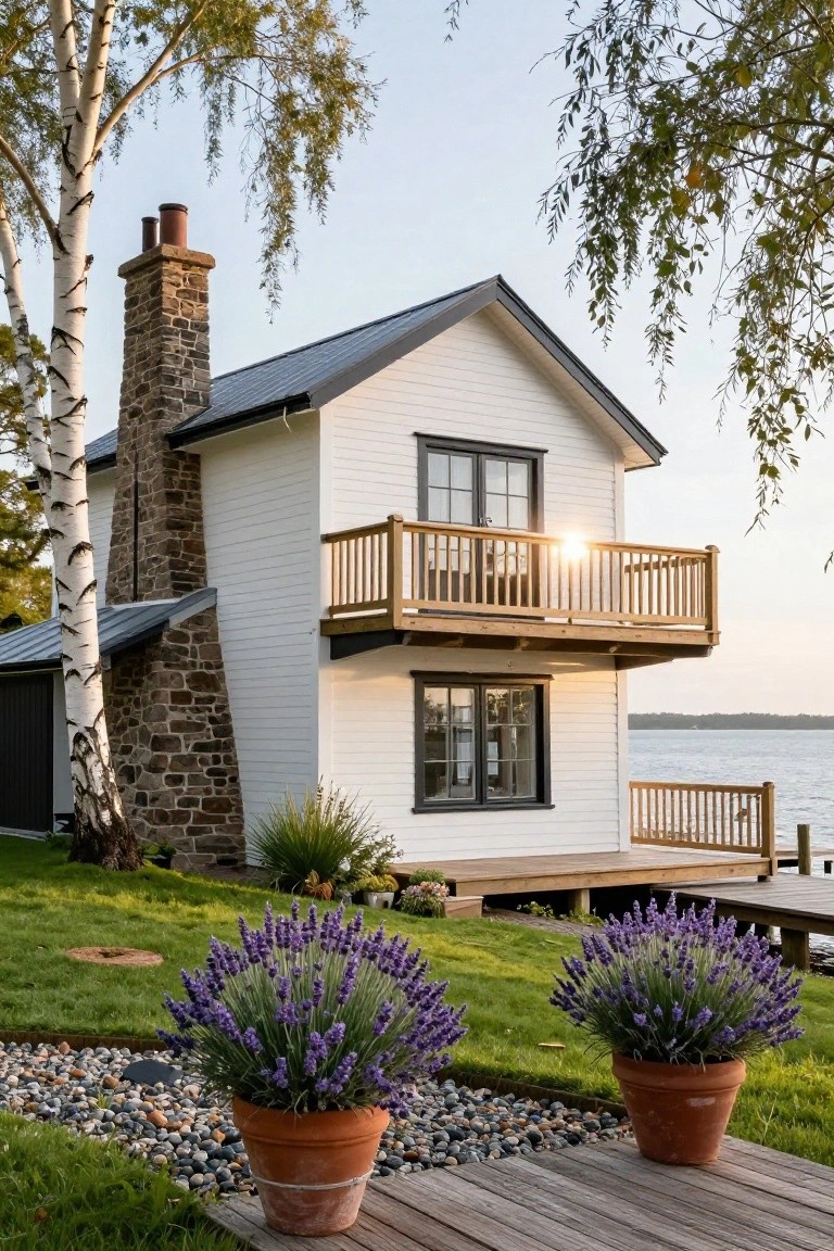 White clapboard lake house with tall stone chimney, black-framed windows, wooden balcony and deck to the water, potted lavender plants, gravel path, and birch trees in a lawn by the lakeshore.