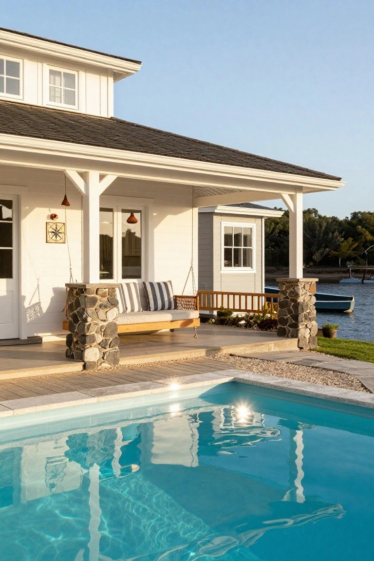 White clapboard house exterior with covered porch supported by fieldstone pillars, hanging swing seat with cushions, wooden deck adjacent to turquoise infinity pool, and lake with boats in background.