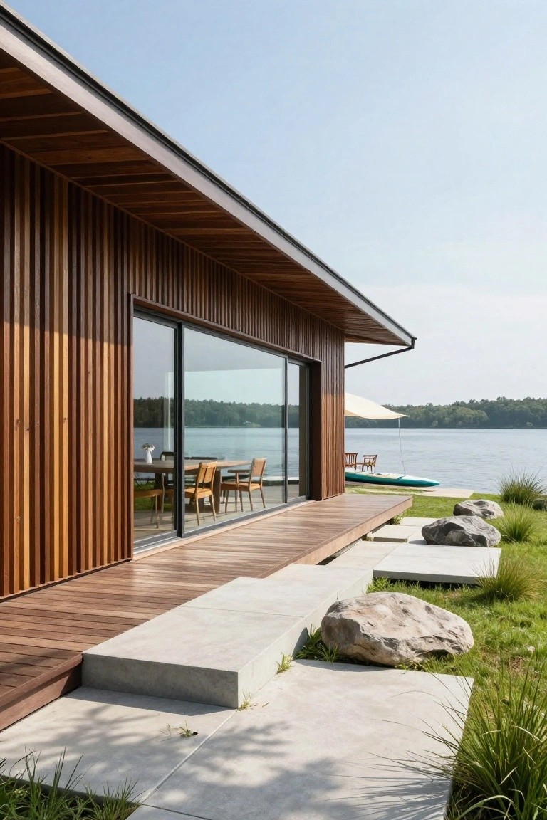Side view of modern lake house with vertical wood cladding, overhanging roofline, large sliding glass door to wooden deck, concrete steps with boulders and grasses leading toward lake with dock and kayak.