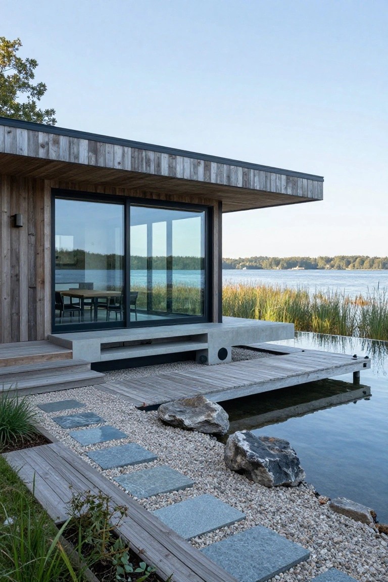 Modern wooden-clad lake house exterior featuring large black-framed sliding glass doors, a cantilevered gray concrete bench and steps, wooden deck extending to a dock, gravel path with slate stone pavers and boulders beside a small water feature and lake in the background.