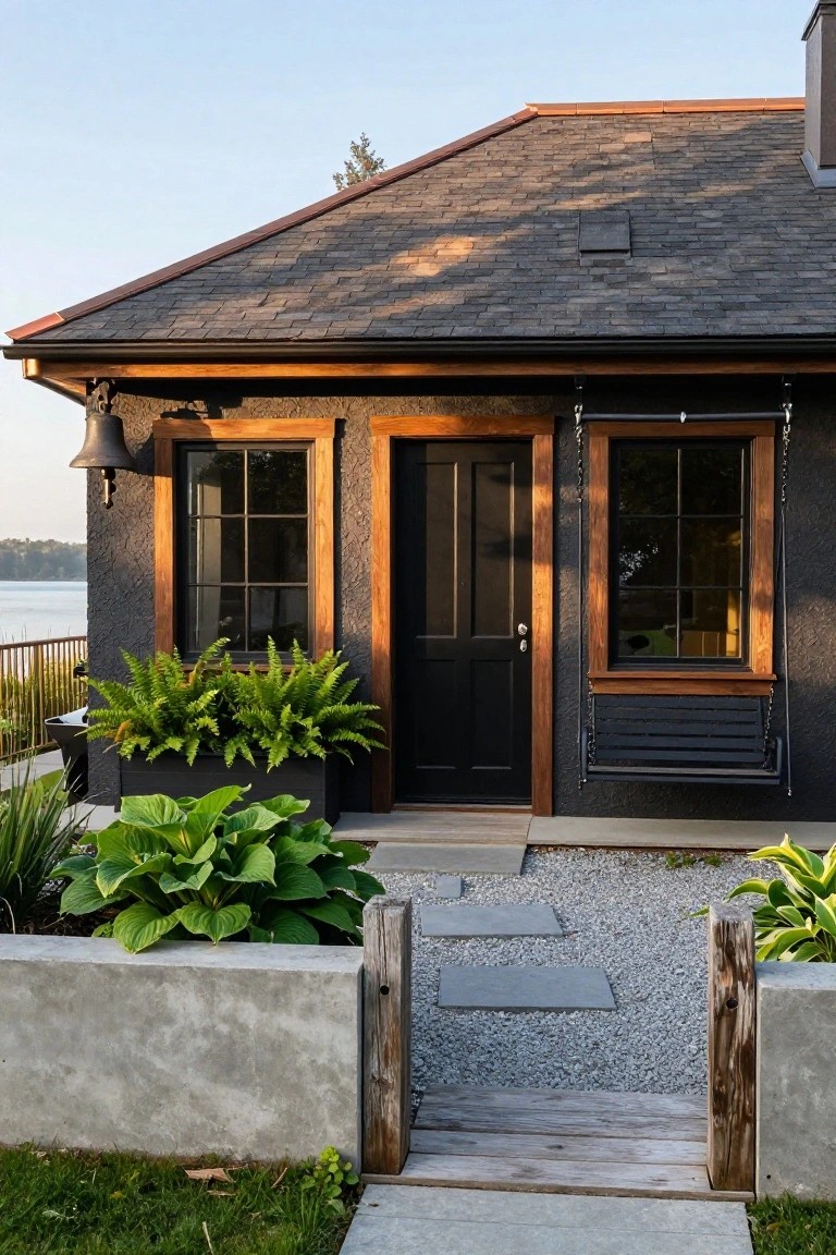 Front exterior of a lakeside cottage with dark textured siding, black front door framed in wood, adjacent wood-framed windows, a hanging porch swing, potted ferns and hostas, wooden gate posts, gravel path with stone pavers, and lake view in the background.