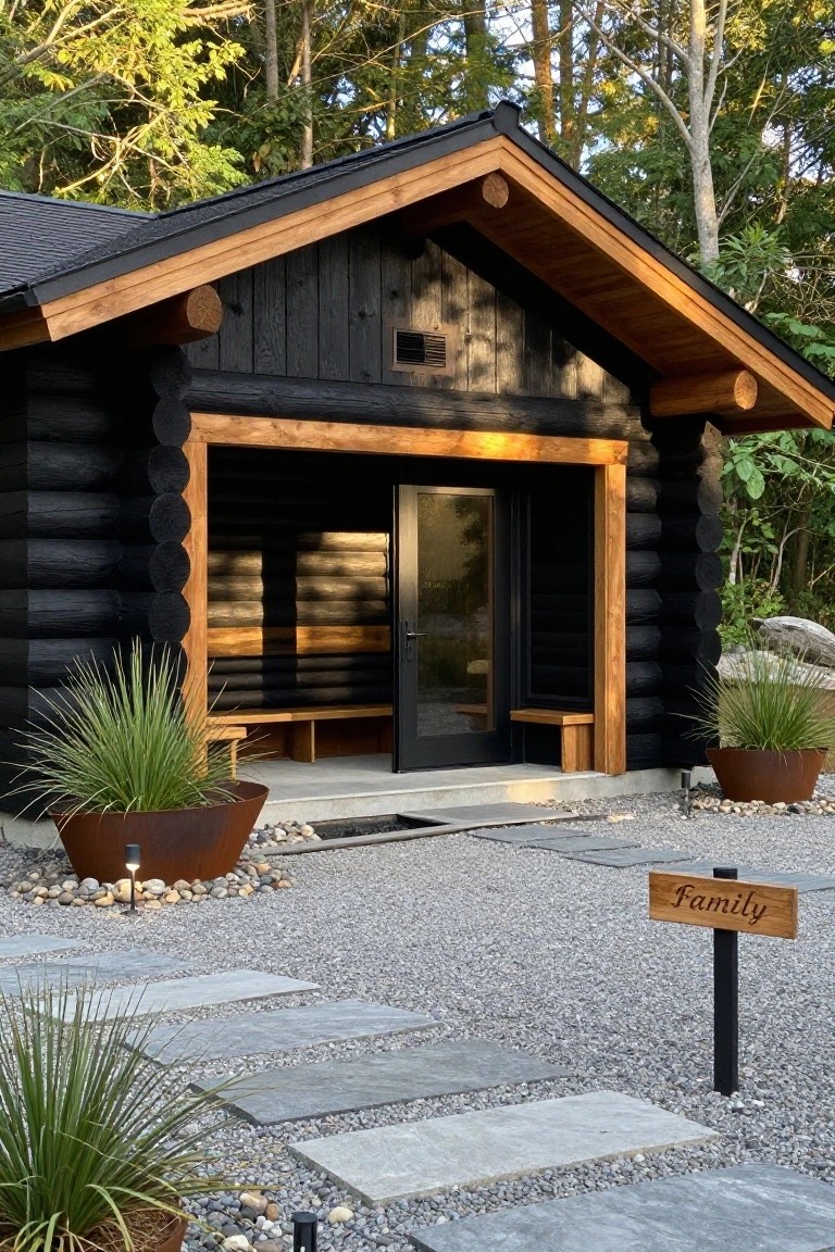 Black log cabin exterior with open entry framed in light wood, built-in benches, a glass door, rust-colored planters with grasses, gravel path, stone steps, and a wooden "Family" sign in a forested yard.