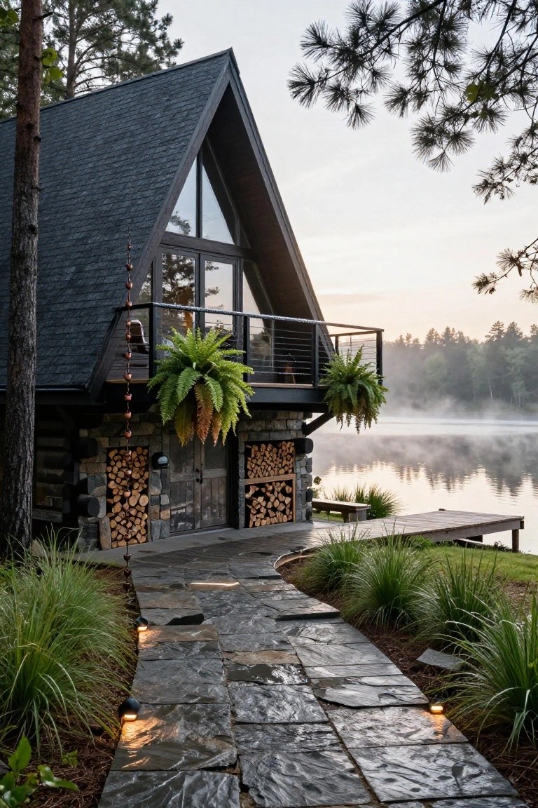 Dark-stained log A-frame cabin with stone base, built-in firewood stacks flanking wooden doors, hanging ferns on metal balcony, copper chain downspouts, slate stone path with lights leading to lakeside dock amid pines and mist.
