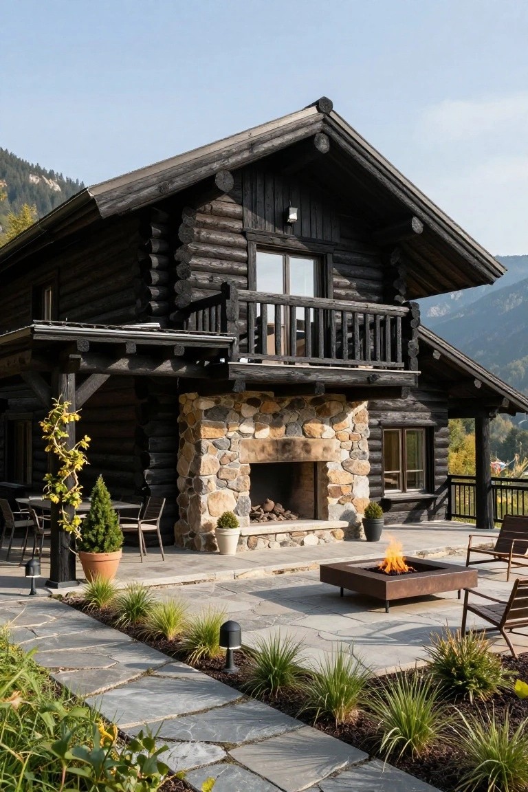 Dark log cabin exterior with balcony, large stone outdoor fireplace, patio featuring fire table, chairs, potted plants, stone path, grasses, and mountain backdrop.
