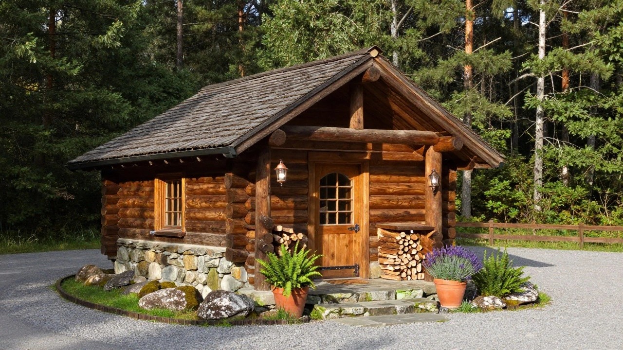 Small gabled log cabin with wooden exterior and shingled roof on stone foundation and steps leading to a door flanked by lanterns, firewood stack, and potted plants in a forested area.