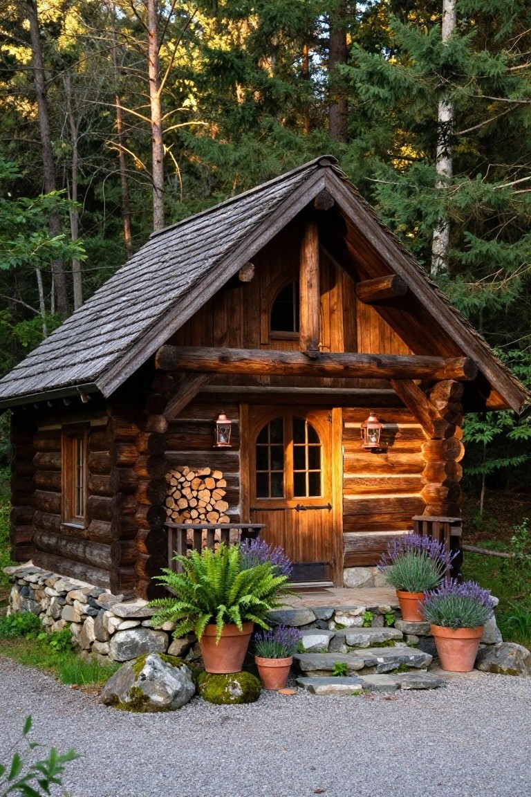 Small gabled log cabin with wooden exterior and shingled roof on stone foundation and steps leading to a door flanked by lanterns, firewood stack, and potted plants in a forested area.