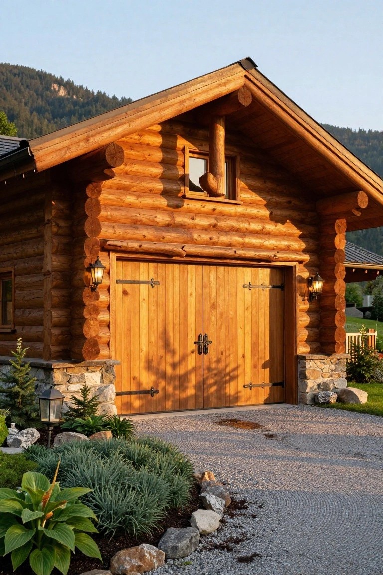 Log cabin style garage with round log walls, stone foundation, double wooden garage doors with iron hardware, lanterns on sides, plants and gravel driveway in front, mountains behind.