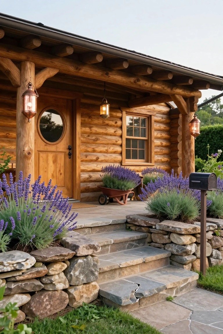 Log cabin exterior with covered porch, round-window wooden door, copper lanterns on log posts, lavender plants in beds and pots beside stone steps and retaining walls.