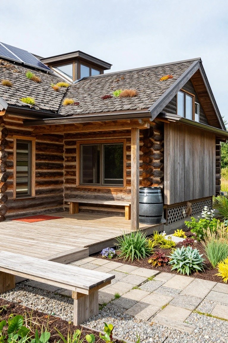 Side exterior of a log cabin with a green roof featuring sedum plants and solar panels, wooden porch area with benches and a metal rain barrel, surrounded by gravel paths and garden plantings.