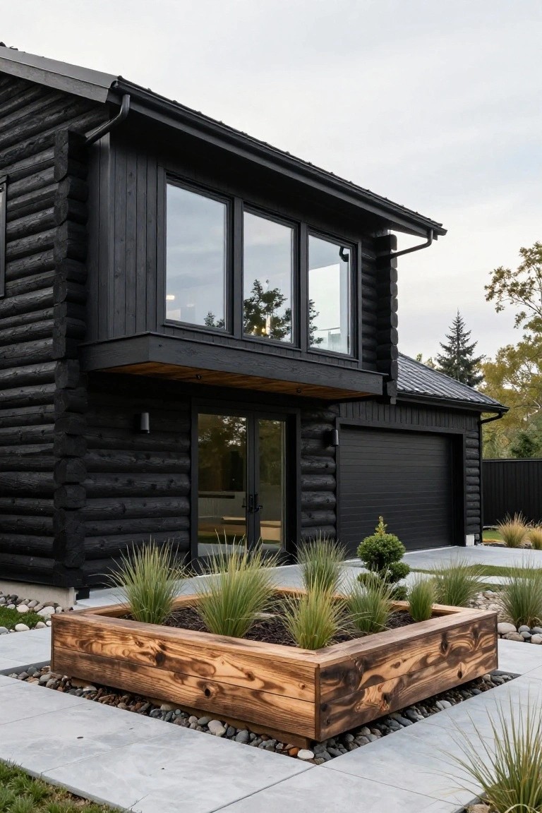 Black log cabin house exterior featuring a cantilevered upper level with large windows, glass entry doors, black garage door, and a wooden planter box filled with grasses on a concrete walkway.