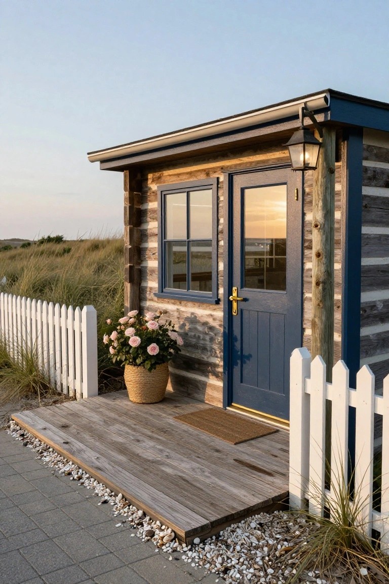 Small beachside log cabin exterior with weathered wood siding, navy blue door and window frames, brass door handle, lantern light, white picket fence, potted pink flowers, and surrounding dune grass.