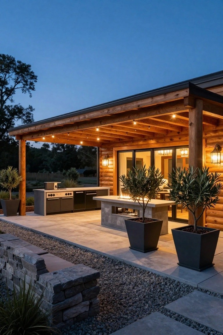 Log cabin patio at dusk with timber pergola cover over a modern outdoor kitchen island, black cabinets, gas grill, potted olive trees, string lights, and stone pathway leading to paver deck.