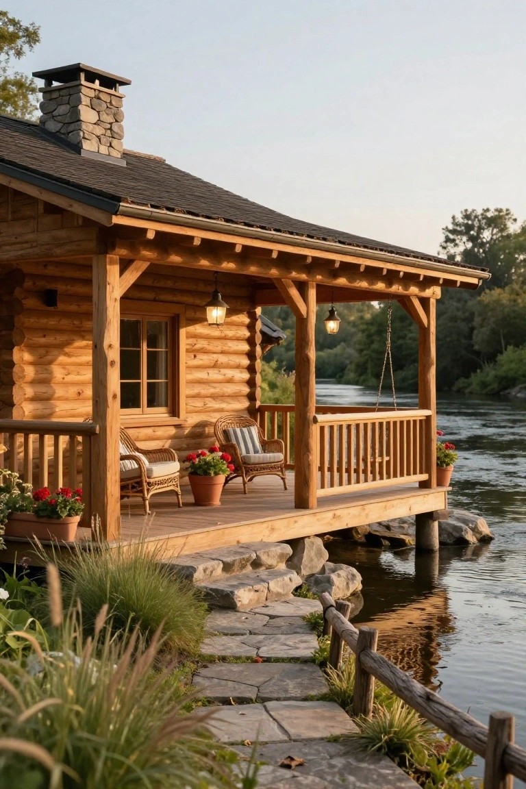 Log cabin exterior with covered wooden porch and deck on pilings extending over a calm river, furnished with wicker chairs, a swing, potted plants, and a stone path bordered by grasses leading from shore.
