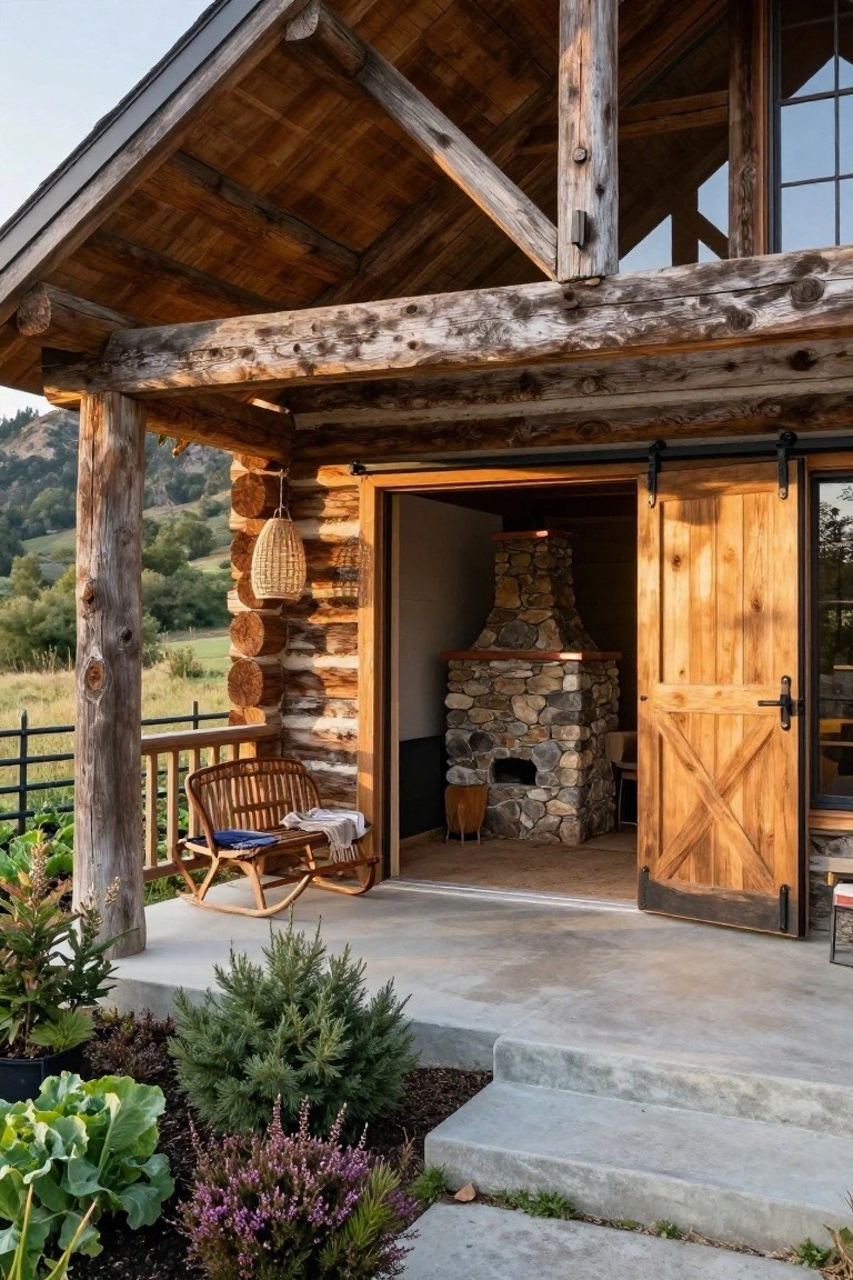 Log cabin porch with timber framing, open sliding barn doors revealing a stone fireplace inside, rattan bench seating, potted plants, and steps leading to a landscaped yard with hills in the background.