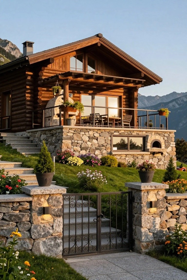 Wooden log cabin with stone foundation, balcony featuring furniture and plants, stone stairs leading to wrought iron gate, flower beds, and mountain backdrop.