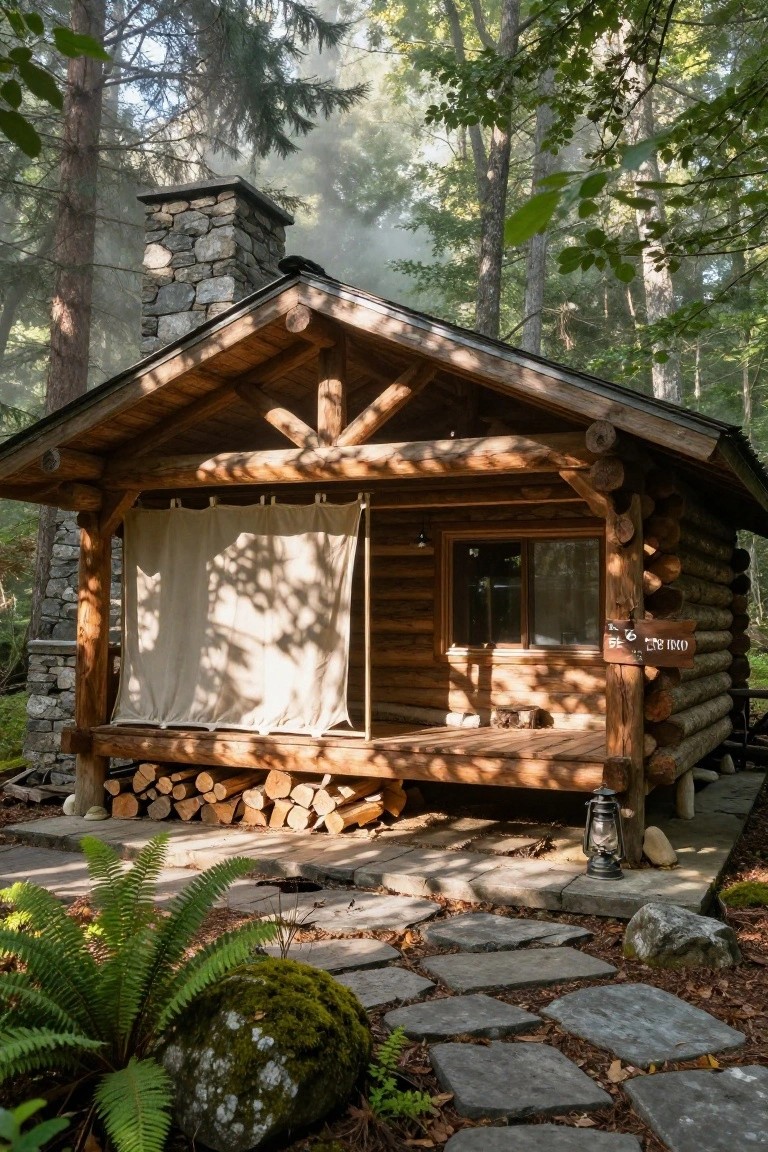 Log cabin exterior with stone chimney, open porch draped in white fabric panels, firewood stack on deck, lantern, stone path with ferns and mossy rock, surrounded by forest trees and mist.