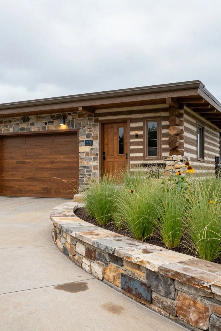 Log cabin exterior with attached wooden-paneled garage door, stone foundation and accents around the entry, and a curved stone retaining wall edged with tall ornamental grasses and sunflowers beside the concrete driveway.