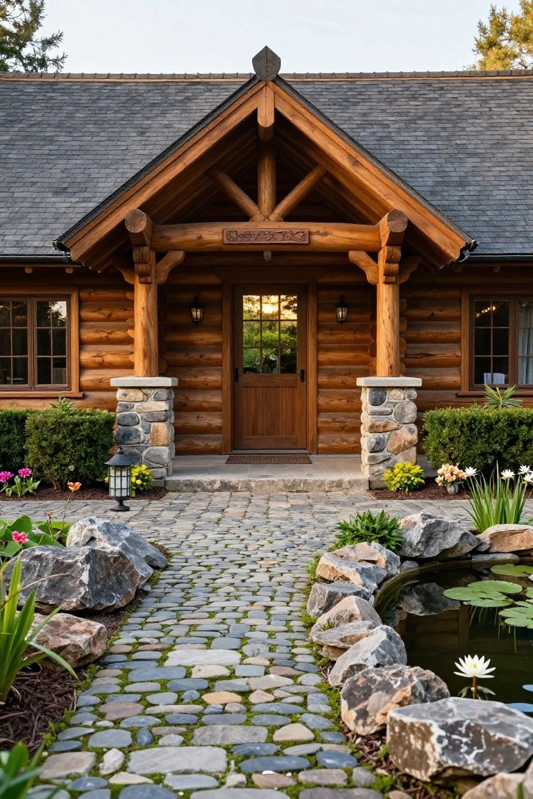 Front exterior of a log cabin with timber-beamed gable entryway supported by stone pillars, wooden door with glass panels, hanging lanterns, and a curving cobblestone path bordered by large rocks and a small pond with water lilies.