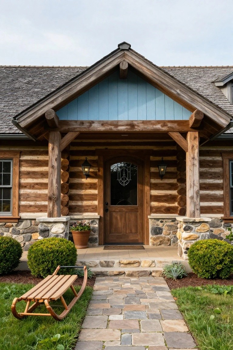 Front view of a log cabin house with a covered wooden porch supported by log posts, blue painted gable, stained glass door, stone foundation, paver walkway, potted plant, shrubs, and wooden sled on grass.