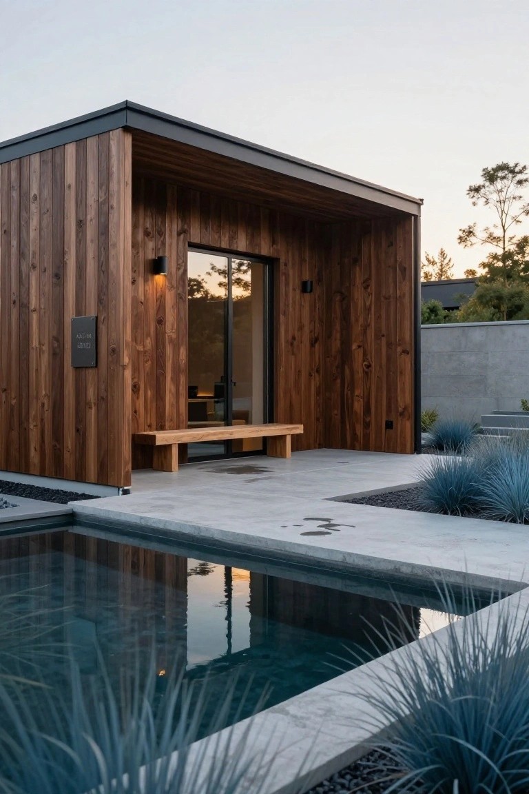 Small modern cabin exterior featuring vertical cedar wood cladding, black metal roof edge and door frame, large glass sliding door, wooden bench on stone patio beside a narrow pool with blue agave plants and gravel edging.
