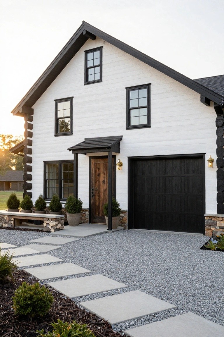 Two-story house exterior featuring white board-and-batten siding, dark log corner posts, black asphalt shingle roof, black garage door, wood entry door under a covered porch, stone bench, potted shrubs, gravel driveway, and concrete paver pathway.