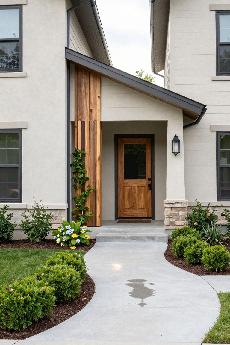 Beige stucco house exterior featuring a vertical tan wood slat column with ivy beside a wood-paneled front door, black lantern light, stone accents, shrubs, flowers, and a curved concrete walkway.