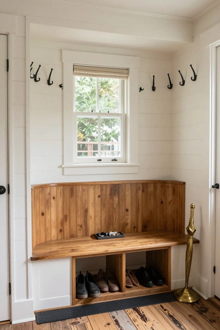 Cozy entryway corner with white shiplap walls, curved wooden bench with shoe storage cubbies below, black coat hooks on the wall, small window with bamboo shade, gold umbrella stand, and dark wood floors.