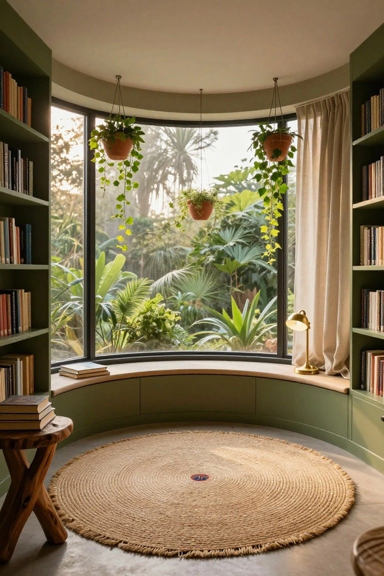 Curved green reading nook with built-in window bench, surrounding bookshelves, hanging plants, round jute rug, wooden stool, brass lamp, and tropical garden view through large windows.